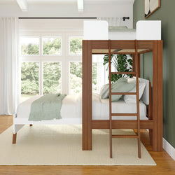 Modern wooden loft bed with ladder in a bright, green bedroom featuring large windows and stylish decor.