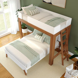 Modern wooden loft bed with ladder in a stylish bedroom featuring green and white bedding, natural light, and decorative plants.