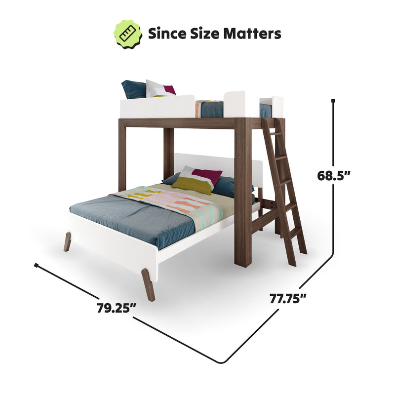 Loft bunk bed with measurements: 79.25 inches length, 77.75 inches width, 68.5 inches height, ideal for small spaces.