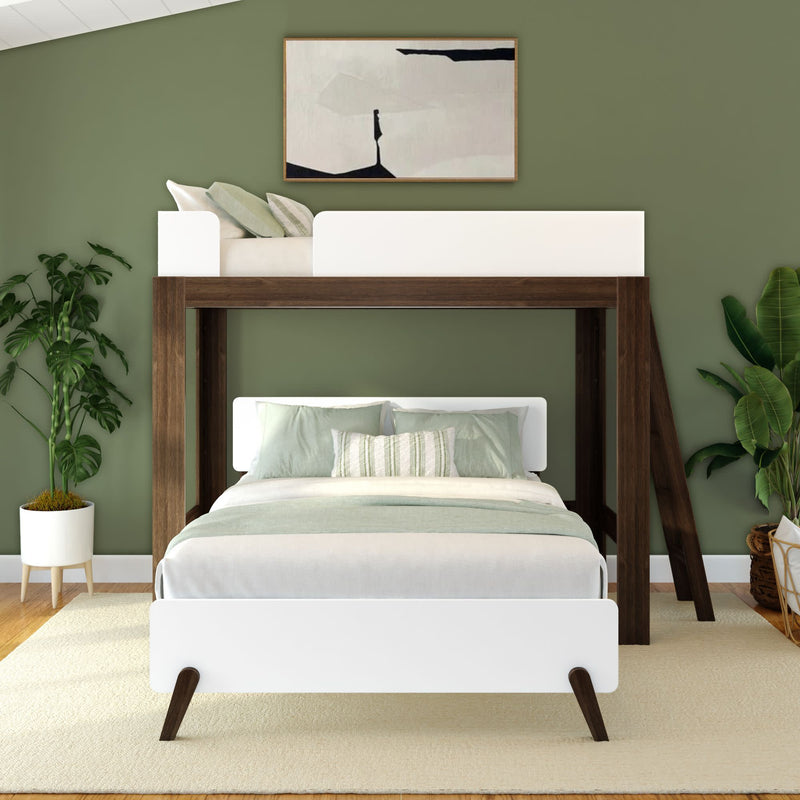 Stylish modern bedroom featuring a lofted bed with wooden frame and comfortable bedding, complemented by green walls and indoor plants.