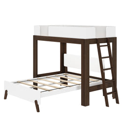 Loft bed with wooden frame and ladder, featuring a modern design, ideal for maximizing space in small bedrooms.