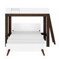 Modern wooden loft bed with white minimalist design for small spaces.