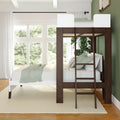Modern loft bed with wooden ladder in a bright bedroom featuring white curtains and green walls.