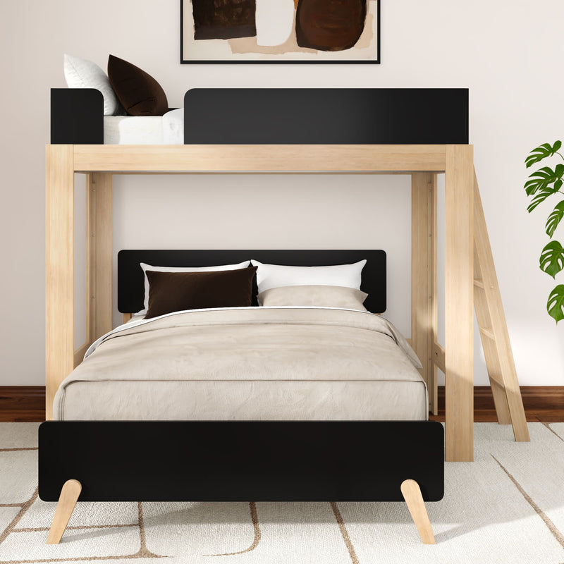Space-saving modern natural wood loft bunk bed with black accents, neutral beige bedding and pillows in a minimalist bedroom with ladder and leafy plant