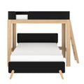 Twin-over-full loft bed in natural wood with ladder and black upholstered panels, white mattresses, modern space-saving kids bedroom furniture