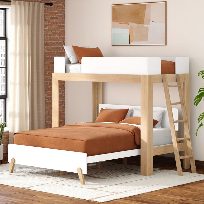 Space-saving modern wooden bunk bed with ladder and rust-orange bedding in a bright contemporary bedroom with exposed brick accent wall, abstract wall art, large window and indoor plant