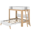 Space-saving Scandinavian wooden loft bunk bed with white guardrails and ladder, lower slatted bed frame for kids and teens