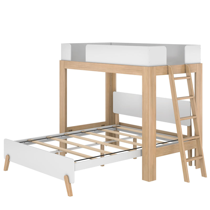 Space-saving Scandinavian wooden loft bunk bed with white guardrails and ladder, lower slatted bed frame for kids and teens