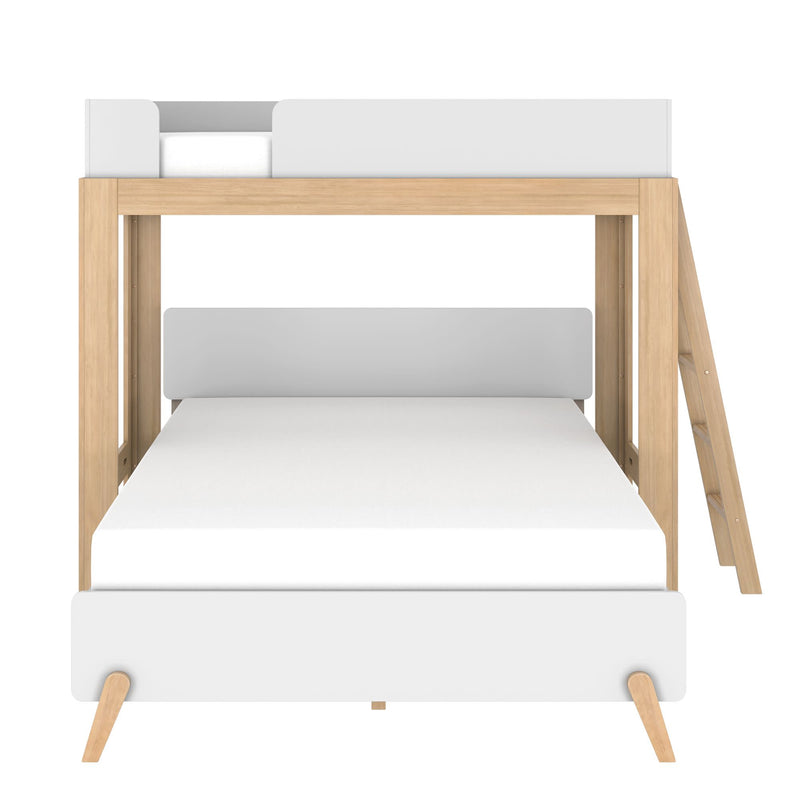 Modern white and natural wood loft bunk bed with ladder and minimalist design, space-saving children's bedroom furniture ideal for small rooms and modern interiors