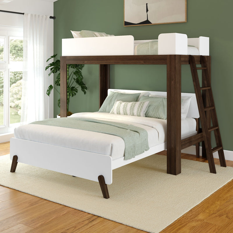 Modern loft bed with wooden frame and green accents in stylish bedroom.