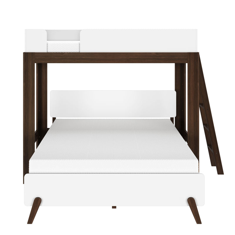 Modern wooden bunk bed with white mattresses and minimalist design suitable for small bedrooms.