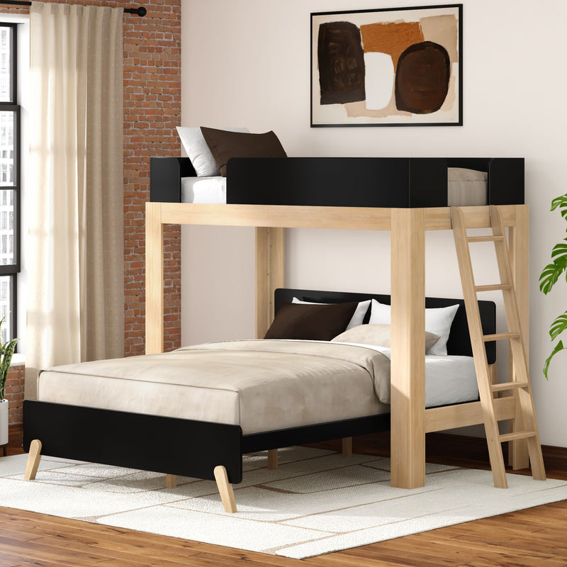 Modern wooden loft bed twin over full with ladder in a space-saving bedroom featuring exposed brick wall neutral bedding abstract art and large sunlit window