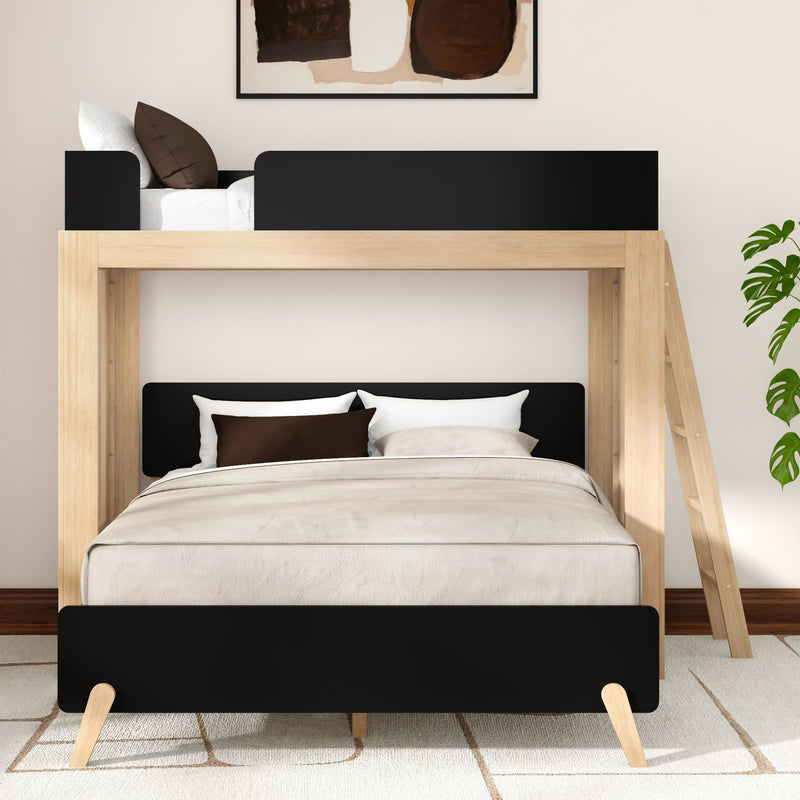 Modern space-saving wooden loft bunk bed with black panels, twin-over-full setup, ladder and neutral bedding in a minimalist bedroom