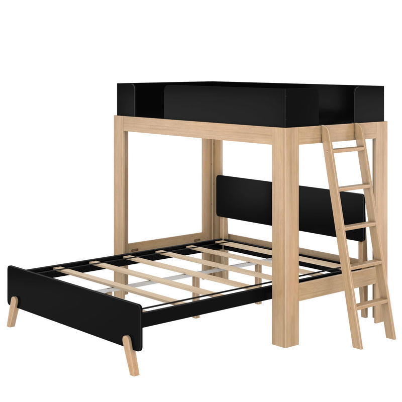 Modern natural wood loft bunk bed with black guardrails and ladder, space-saving kids' bedroom furniture