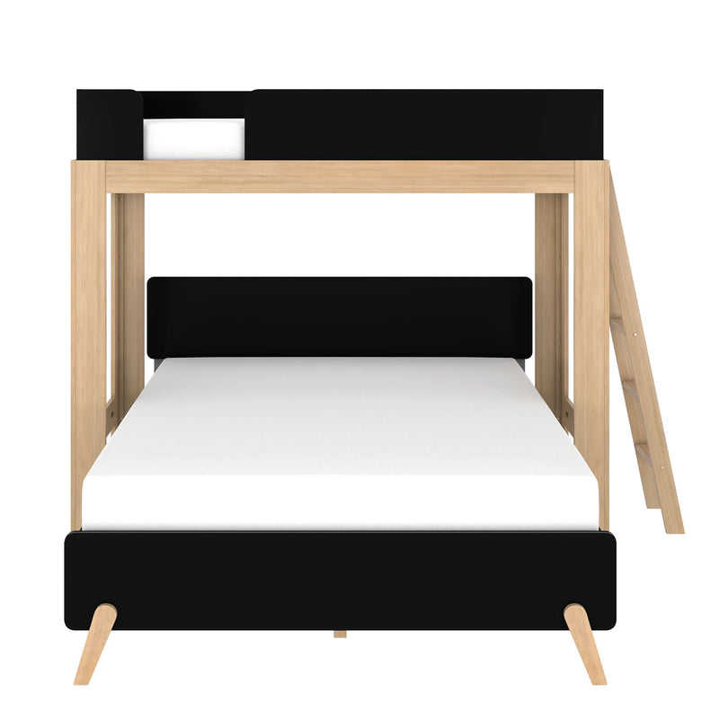 Modern natural wood loft bunk bed with black accents, built-in ladder and guardrails — space-saving bedroom furniture