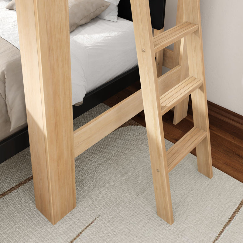 Light natural wood loft bed ladder beside bunk mattress on beige rug and hardwood floor in a modern kids' bedroom