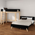 Minimalist modern bedroom with space-saving wooden loft bed and ladder above black platform bed, beige bedding on hardwood floor