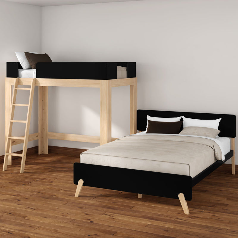 Minimalist modern bedroom with space-saving wooden loft bed and ladder above black platform bed, beige bedding on hardwood floor