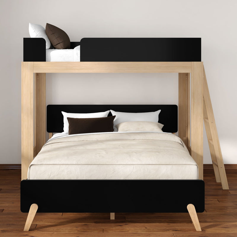 Modern natural wood bunk bed with black accents and ladder, minimalist bedroom setup with neutral beige and white bedding