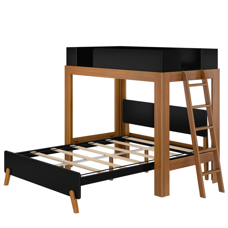 Mid-century modern twin-over-full loft bunk bed frame with walnut wood posts, black slatted platforms, angled ladder and space-saving design
