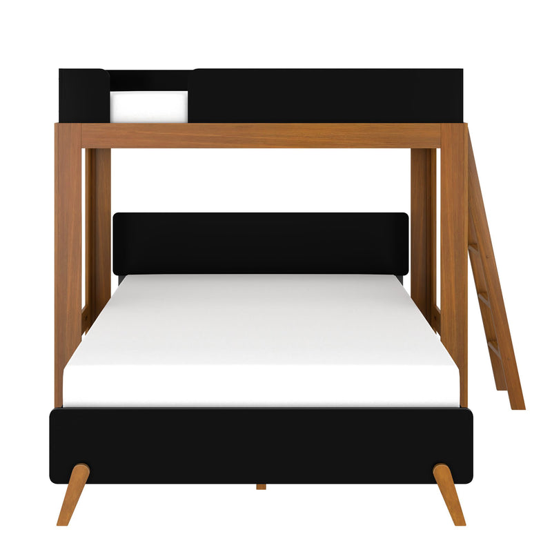 Modern twin-over-full wooden bunk bed with ladder, black accents and white mattress, mid-century style space-saving loft bed for kids and guest bedrooms
