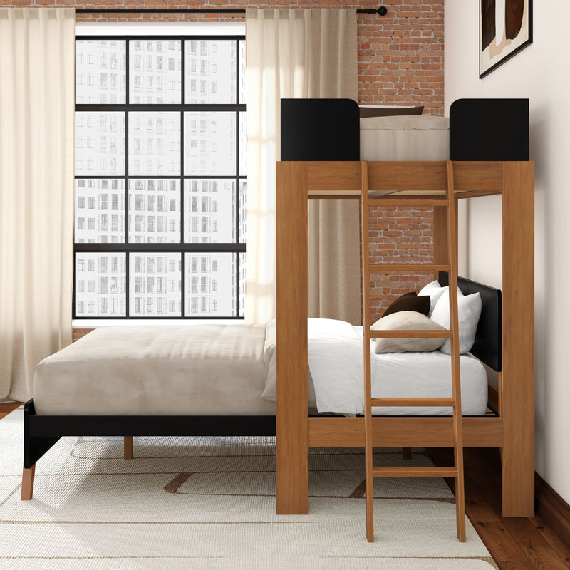 Modern wooden loft bunk bed with ladder in industrial-style bedroom featuring exposed brick wall, large grid window and neutral bedding