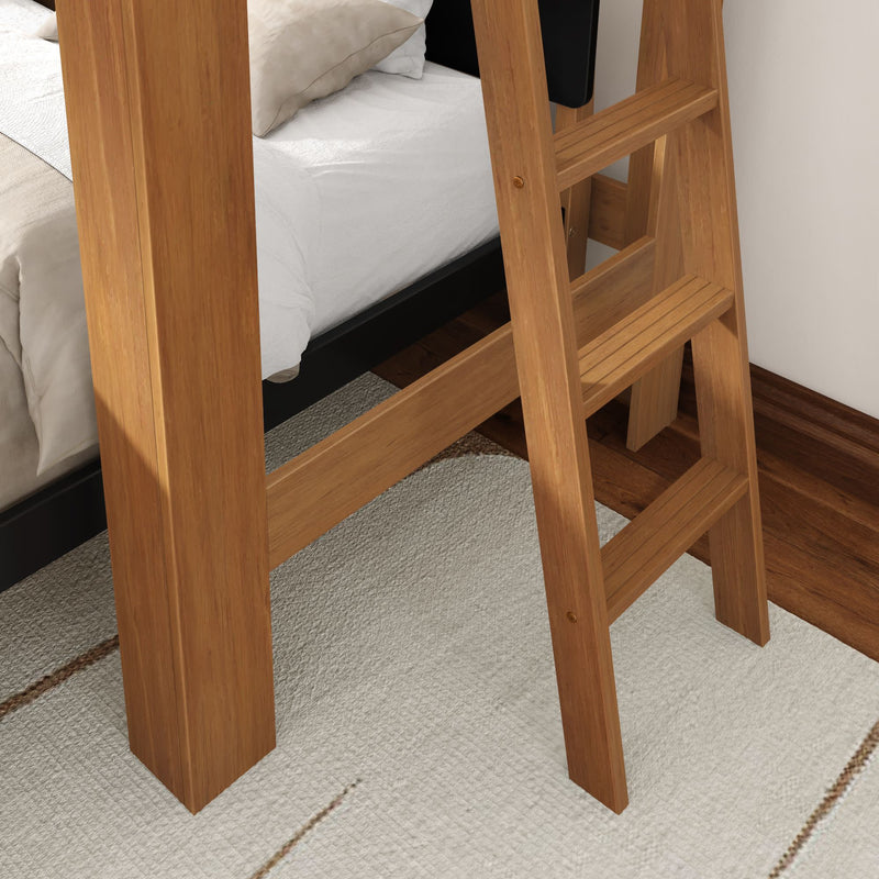 Natural wood bunk bed ladder leaning against a modern loft bed frame with white bedding, beige area rug and hardwood floor