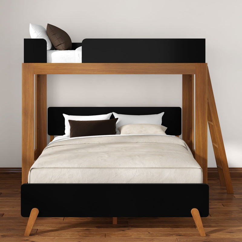 Modern wooden loft bunk bed with black accents and ladder, space-saving upper bunk and larger lower bed with neutral beige bedding on hardwood floor, contemporary bedroom furniture