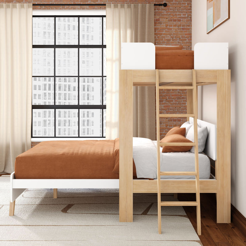 Modern wooden loft bunk bed with ladder in urban bedroom, terracotta bedding, exposed brick wall, large industrial grid window and beige curtains