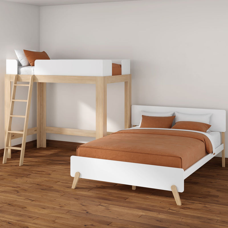 Minimalist bedroom with natural wood loft bed and white single bed, ladder, terracotta bedding and hardwood floors