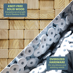 Knot-free solid wood blocks and oversized hardware for exceptional strength and durability.