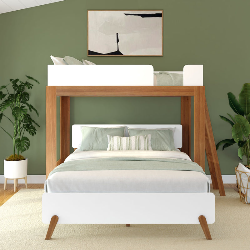 Stylish modern bedroom with wooden loft bed and green decor.