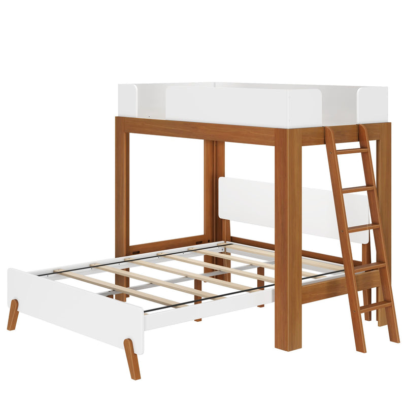 Wooden loft bed frame with built-in ladder and additional lower bed for kids' room.