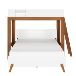 Modern wooden bunk bed with white mattresses and minimalist design.