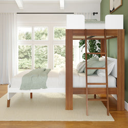 Stylish wooden bunk bed in a modern bedroom with a large window view, green accents, and natural light.