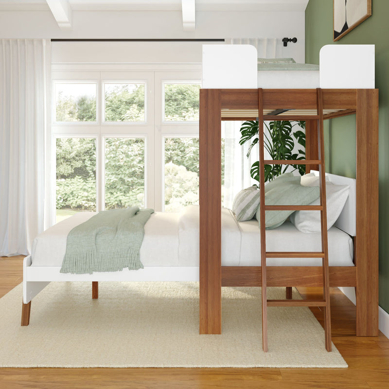 Stylish wooden bunk bed in a modern bedroom with a large window view, green accents, and natural light.