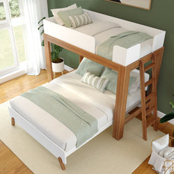 Modern wooden loft bed with a green and white bedding set in a stylish bedroom.