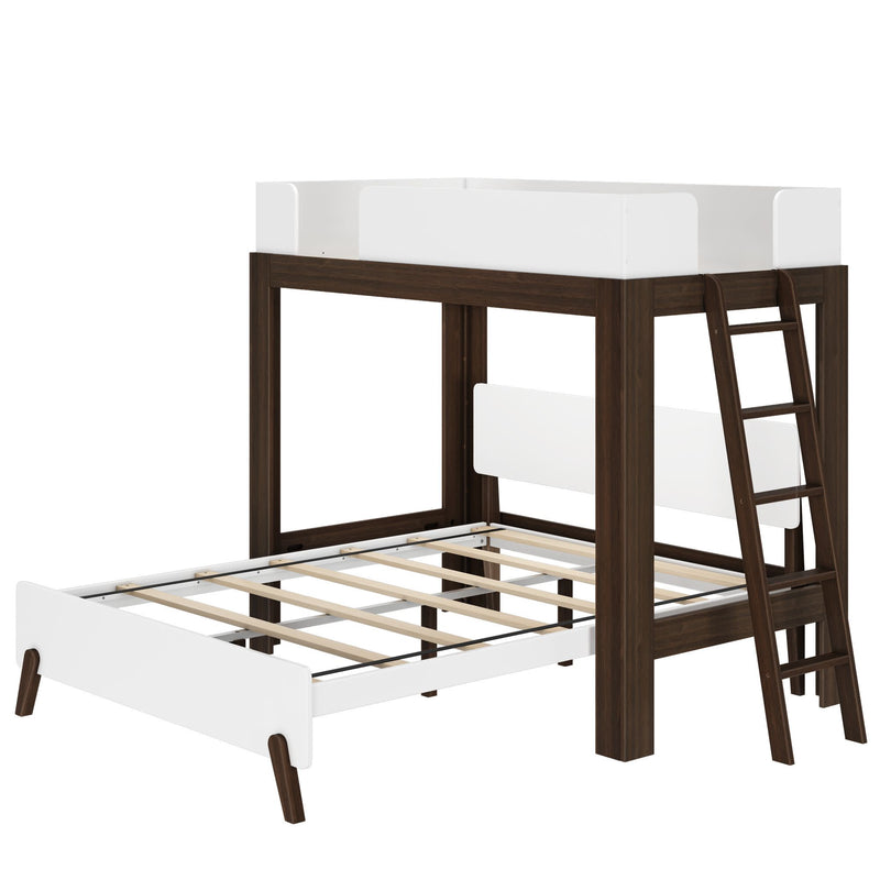 Modern wooden loft bunk bed with white accents and ladder, ideal space-saving solution for kids' rooms.
