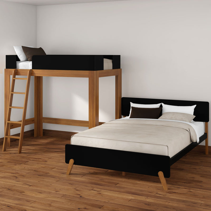 Minimalist bedroom featuring a wooden loft bed with ladder and a black-accent platform bed with beige bedding on hardwood floors