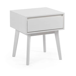 White modern nightstand with single drawer and minimalist design on four tapered legs.