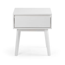 White modern nightstand with single drawer, perfect for bedroom storage and minimalistic decor.