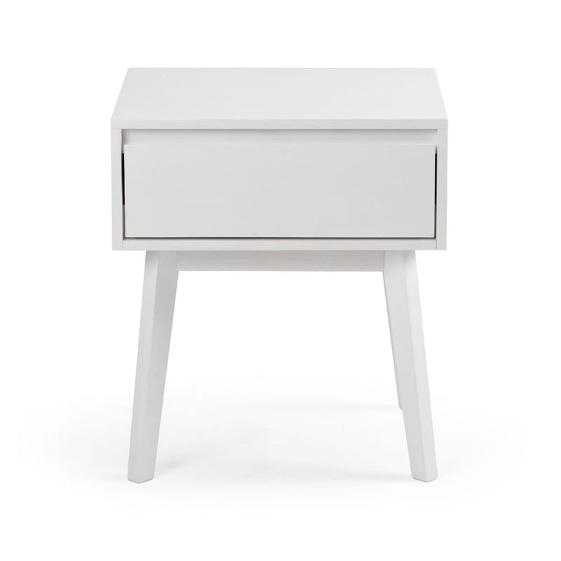 White modern nightstand with single drawer, perfect for bedroom storage and minimalistic decor.