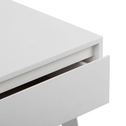 White modern desk with an open drawer showing sleek minimalist design.