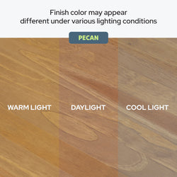 Comparison of pecan wood finish in warm light, daylight, and cool light showing color variations under different lighting conditions.