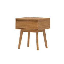 Mid-century modern wooden nightstand with single drawer and tapered legs.