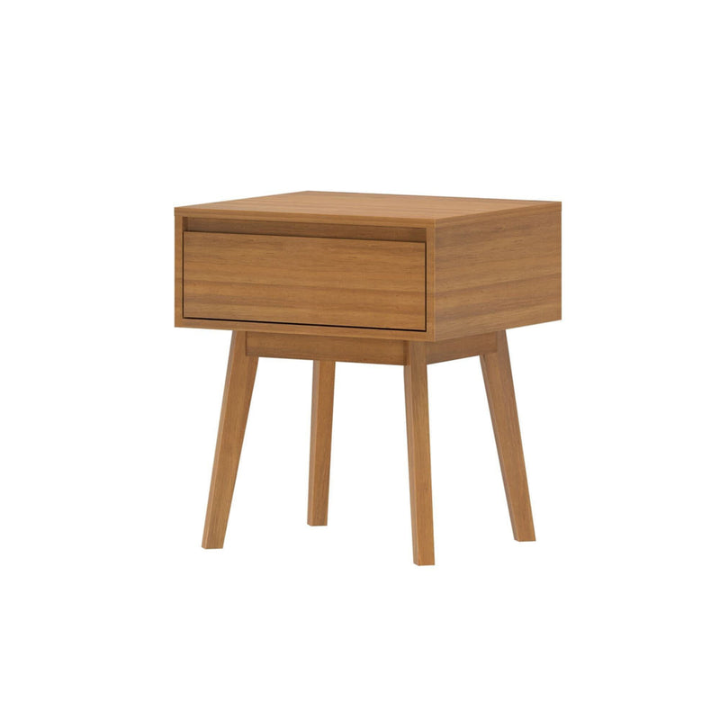 Mid-century modern wooden nightstand with single drawer and tapered legs.
