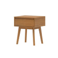 Mid-century modern wooden nightstand with single drawer and tapered legs.