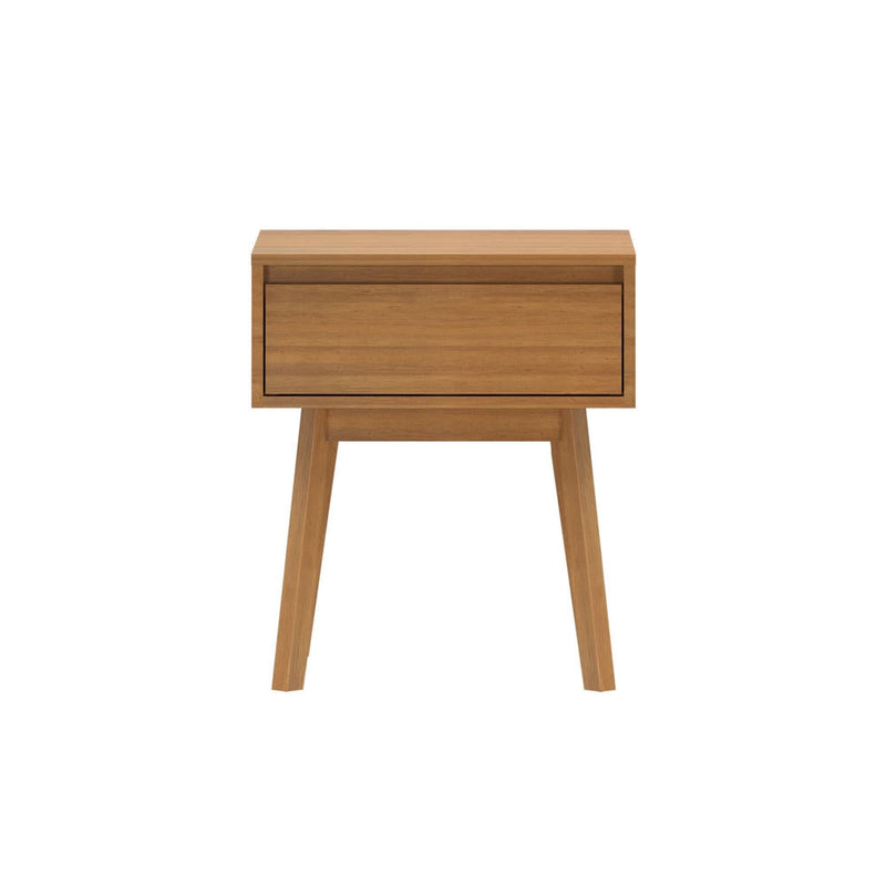 Mid-century modern wooden nightstand with single drawer and minimalist design.