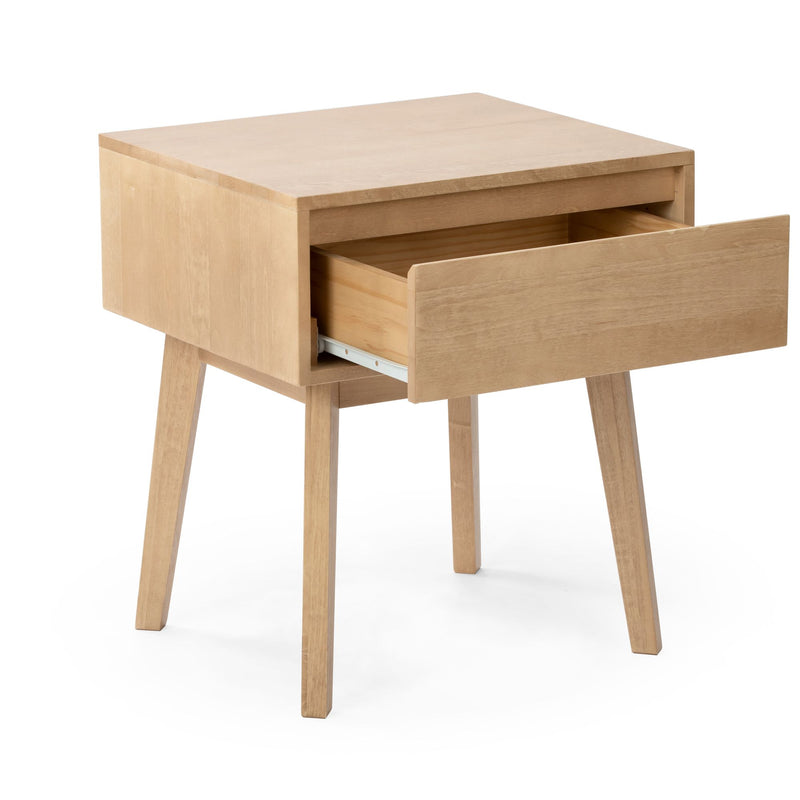Light oak bedside table (nightstand) with single open drawer and tapered legs, minimalist storage solution