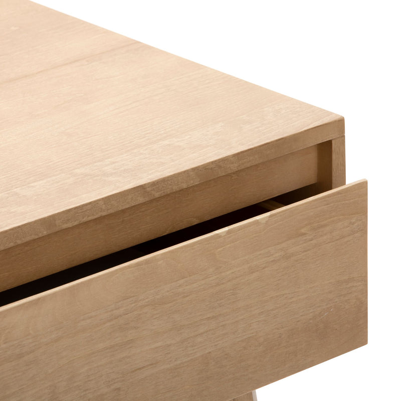 Close-up of light oak dresser drawer corner with natural wood grain, minimalist Scandinavian bedside table detail